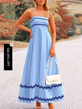 Light Blue Maxi Dress with Navy Wave Trim - Sleeveless Spaghetti Strap